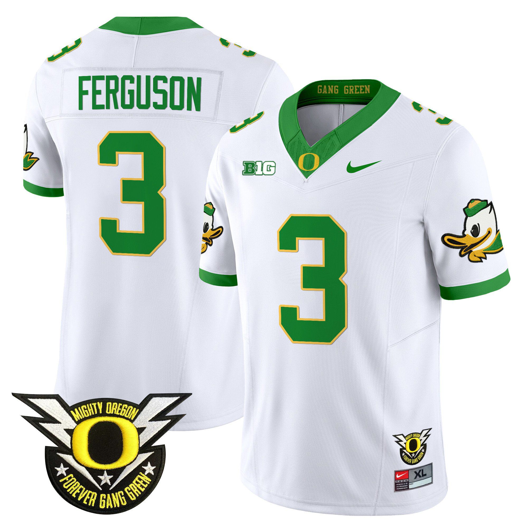 Men Oregon Ducks #3 Ferguson White 2024 Nike Forever Gang Green & BIG Patch Vapor Limited NCAA Jersey->ncaa teams->NCAA Jersey